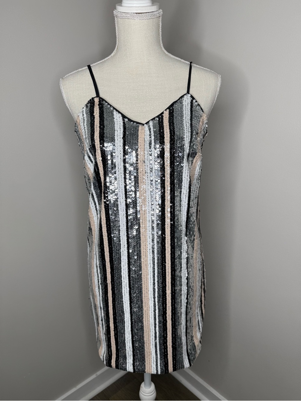 Lucy Paris Sequined Striped Dress - Black, Silver & Beige Sequins Sparkly